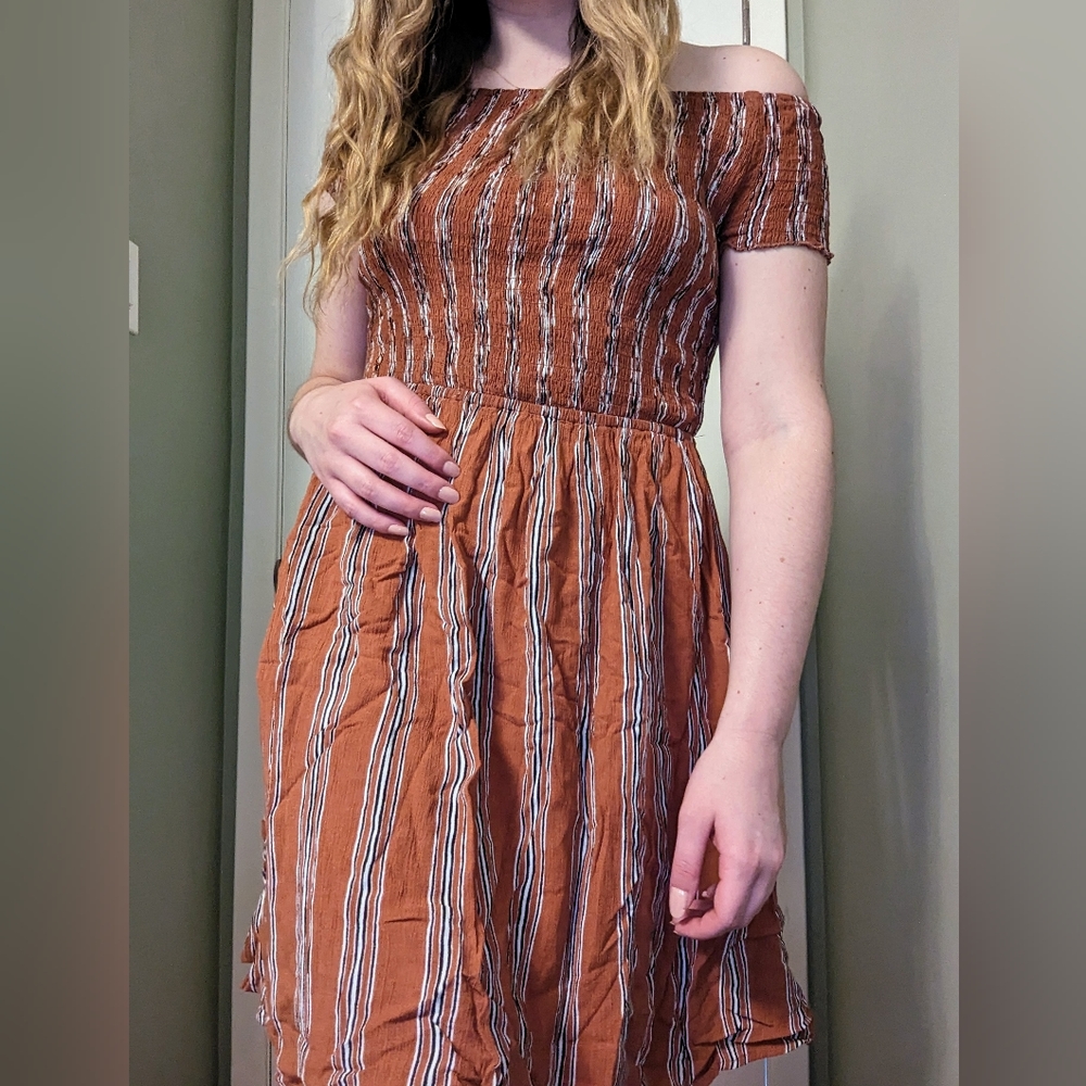 Mei Smocked Off the Shoulder Dress | Burnt Orange with Black & White Stripes